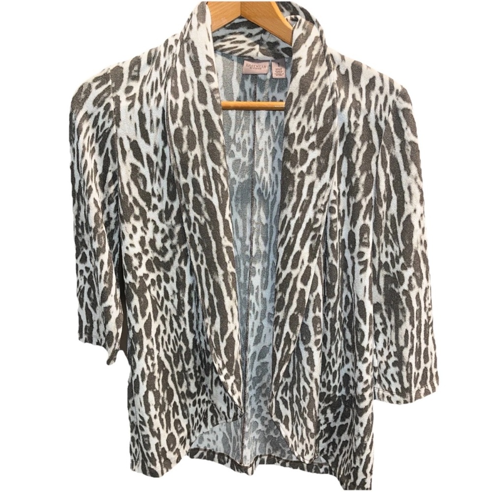 Chico's 1 Stretchy Knit Open Front Flowy Blazer Jacket, Beige Brown Animal Print
